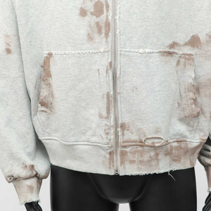 Custom 500 Gsm Cotton French Terry Baggy Blank Distressed Heavyweight Dirty Washed Zip up <b>Hoodie</b> for Men - Product Image 4