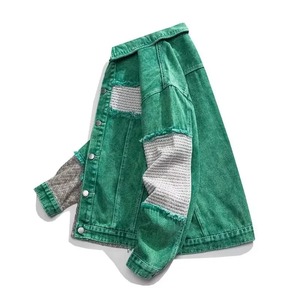 American Style Trendy Vintage Distressed Denim <b>Jacket</b> for <b>Men</b> Women Loose Fit <b>Long</b> Sleeve Spring Autumn Green Stitched <b>Jacket</b> - Product Image 3
