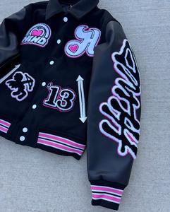 แจ็กเก็ตหนังสำหรับผู้ชายแจ็คเก็ตบอมเบอร์ทีมเบสบอลมหาวิทยาลัยแบบสั่งทำปักลายตัวอักษร - Product Image 3