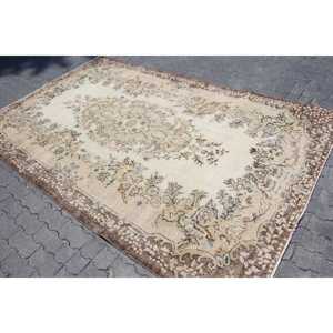 พรมวินเทจขนาด 6x6 ฟุต, พรมตุรกี, พรมขนสัตว์สีน้ำตาลขาวลายปะติด - Product Image 2