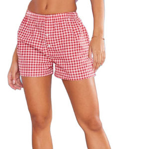 Shorts de Verano Personalizados a Cuadros, Cintura Elástica, Holgados, para Mujer, Azules, Estampado a Cuadros, Botones Delanteros, de Algodón Popelín, 2026 - Product Image 1
