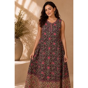 Vestido Largo de Algodón con Estampado Floral Negro para Mujer, Marca Mehrbano Noorjahan, Ideal para Invitadas de Boda - Product Image 3