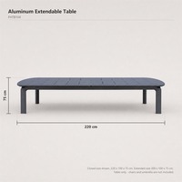 Table de repas extérieure moderne en alliage d'aluminium, extensible et dépliable, avec extrémités arrondies et plateau à lattes (220-300 cm) pour écoles, hôtels et cours.