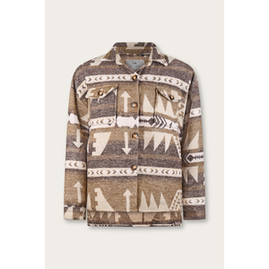 Autumn Aztec Jacket <b>Brown</b> Kilim Pattern Sand Denim Fabric Stand Collar Detachable <b>Wool</b> Lining XL Size Dyed Polyester Utility - Product Image 1