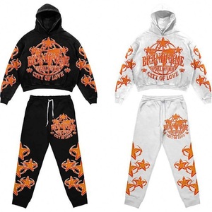 Custom Streetwear Sweat Suits Slim Fit Solid Color Puff Print Sweatpants and Hoodie Set <b>Men</b> Flared Pants Sweat Suit & Track Suit - Product Image 2
