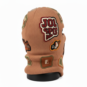 Balaclava en tricot d'hiver pour femmes, doux, extensible, en acrylique et coton, 240 GSM, appliqué marron, logo brodé personnalisé - Product Image 5