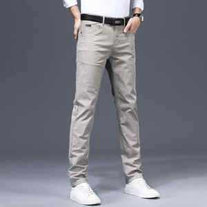 Pantalon en coton décontracté pour homme, taille haute, coupe normale, respirant, anti-boulochage, tube droit, design plat devant, toile teinte unie - Product Image 4