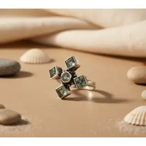 Bague en argent 925 avec pierre précieuse bleue pour femmes, taille ajustable, bijoux ethniques de déclaration, mariage, laiton plaqué avec incrustation en forme de chiffre - Product Image 1