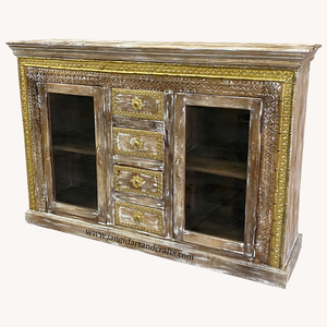 Home Furniture Rustic <b>White</b> Distress Drawer Chest Wood Cabinet Farmhouse Folk Style Carved Solid Wood Storage <b>Glass</b> Cabinet - Product Image 2