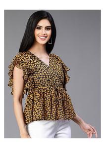 Top de manga acampanada de crepé floral a la moda con detalles de botones Elección versátil para ropa de fiesta informal o aspecto de estilo de logotipo frontal formal - Product Image 2