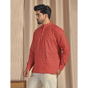 Kurta court en coton popeline bleu imprimé pour homme, chemise décontractée à manches longues, respirante et confortable - Product Image 4