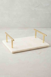 Plateau en marbre moderne pour servir la nourriture et le petit déjeuner Plateau de couleur blanche avec poignée en acier inoxydable plaqué or Design unique - Product Image 4