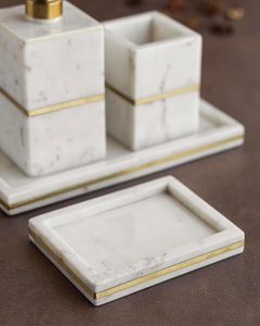 Ensemble d'accessoires de salle de bain marbre blanc couleur résine Art 4 pièces ensemble distributeur de savon, gobelet, porte-savon, porte-brosse pour salle de bain - Product Image 4