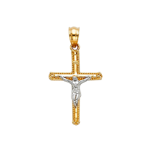 Colgante de cruz cristiana Chapado en dos tonos de oro amarillo de 14K de tendencia vintage Accesorio clásico religioso para niños - Product Image 1