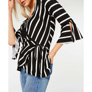 BCX Juniors' Casual Striped <b>Wrap</b> Top in <b>Black</b> Size Small Breathable Design - Product Image 3