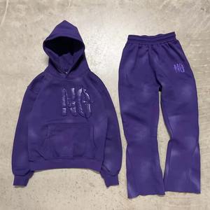 Ensemble jogging vintage personnalisé imprimé bouffant survêtements délavés à l'acide ensemble pantalon de survêtement évasé à jambe droite et sweat à capuche baggy survêtements pour hommes - Product Image 3