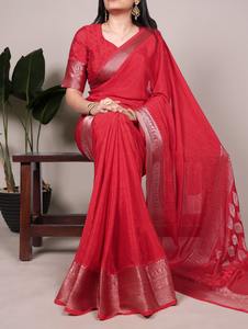VASTRA COTTAGE Designer Chinon <b>Saree</b> with Self Print Zari Weaving Work and Matching Chinon Zari Weaving Unstitched Blouse - Product Image 6