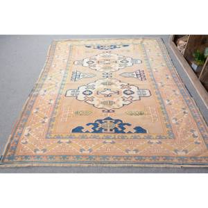 Alfombra de lana turca Vintage clásica Beige azul 6,1X7,7 pies rectángulo de retazos hecho a mano con respaldo de látex para juego de sala de estar - Product Image 1
