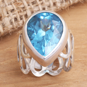 Precio de fábrica Plata de Ley 925 Anillo de declaración minimalista Facetado en forma de pera Topacio azul Fiestas de moda únicas Cristianas - Product Image 6
