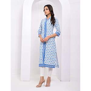 Cotton <b>Block</b> <b>Printed</b> White Blue Pakistani Dress for Girls Ethnic Indian Kurti with Salwar Kameez Daily & Party Wear - Product Image 5