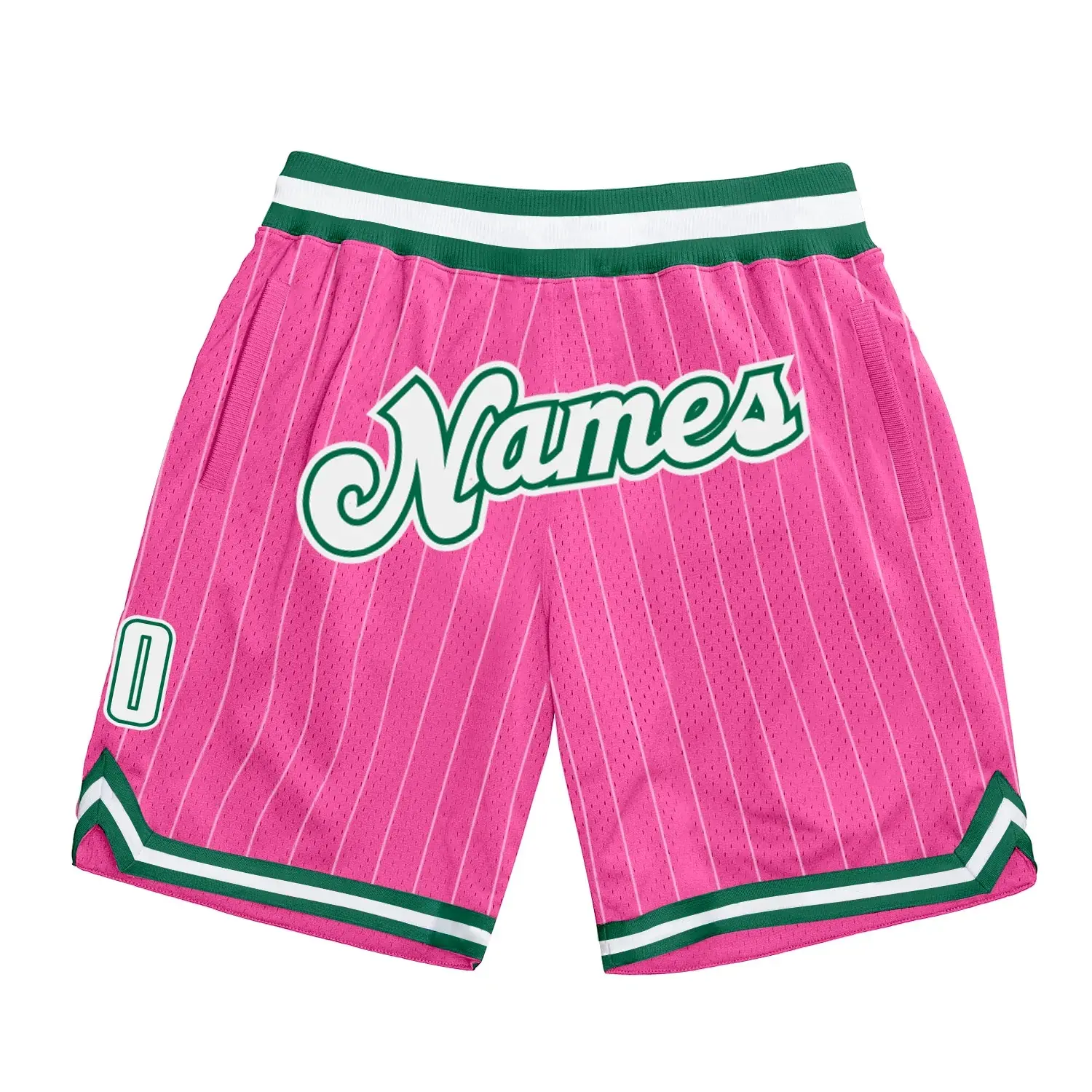Custom Pink White Pinstripe White-Kelly Green Authentic Basketball Shorts