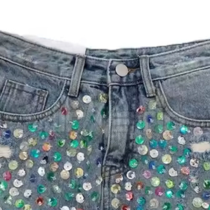New Custom Made Rhinestones Button High <b>Waist</b> Breathable Nylon/Cotton Solid Color High Quality Women's <b>Jeans</b> Shorts Pakistan - Product Image 6