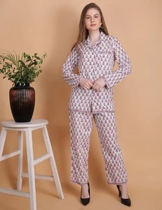 Conjunto de pijama de algodón indio hecho a mano para mujer, ropa de salón térmica de verano, estampado de bloques, PJ personalizado para damas de honor, ODM frontal - Product Image 3