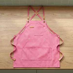 Pink Eco-Friendly Sleeveless Bib <b>Apron</b> Crossback Straps Pockets <b>for</b> <b>Cooking</b> Daily Use Classic Style Cotton Woven Machine - Product Image 1