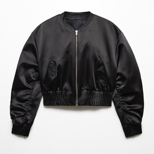Women's Winter Crop Jacket Custom Chenille Embroidery Genuine Sheep <b>Skin</b> Sleeves Breathable Letterman Varsity Streetwear Fleece - Product Image 1
