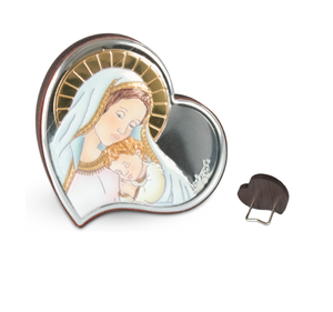 Épingle religieuse en argent plaqué, en forme de cœur, avec impression de la Vierge Marie et de l'Enfant Jésus, pour les occasions de prière - Product Image 1