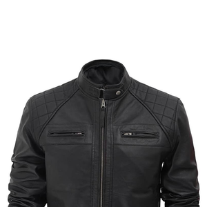Chaqueta de moto de cuero de piel de vaca con cremallera múltiple para hombre, chaqueta con cuello levantado, temporada de invierno, venta al por mayor - Product Image 3