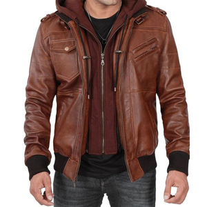 Veste en cuir à capuche marron pour hommes Two Way Style Zip Multiple dernières poches Design Vestes en cuir véritable - Product Image 4