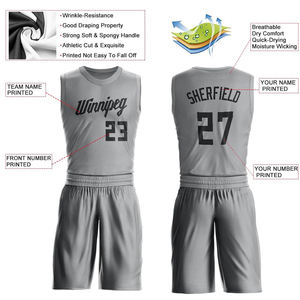 Gray Color Basketball Uniform Set <b>Screen</b> Printed Logo Sleeveless Breathable Basketball Uniform Kit For Club Team - Product Image 4