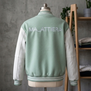 Chaqueta de Hombre Verde Menta con Mangas de Cuero, Mezcla de Lana, Botones a Presión, Cuello Acanalado, Bordada, Casual, Personalizada - Product Image 2