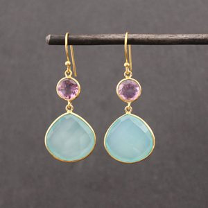 Boucles d'oreilles pendantes plaquées or 18 carats, améthyste violette naturelle, chalcédoine aqua, pierres précieuses serties en bélière, argent sterling 925, cadeau de mariage - Product Image 3
