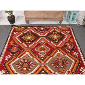Turkish Kilim Large Rug 5.2x9.5 ft (160x291 cm), Vintage <b>Red</b> Animal Print <b>Wool</b> Rug - Product Image 3