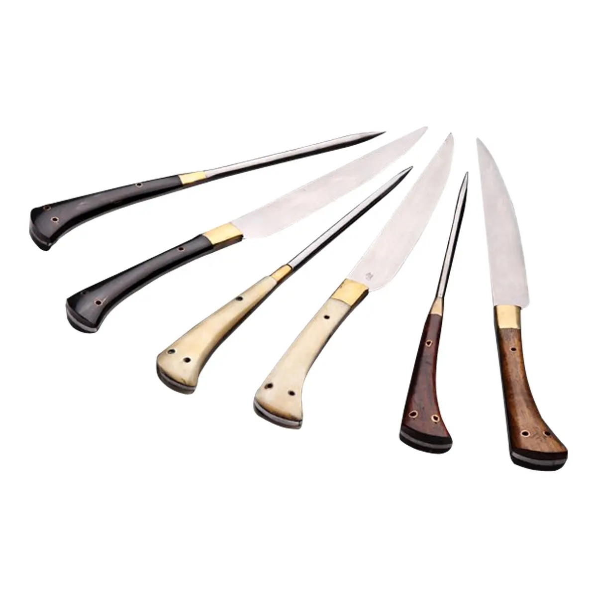 سكينة مطبخ مصنوعة يدويًا من الفولاذ المقاوم للصدأ بسعر الجملة, مجموعة مسننة من جلد البقر من القرون الوسطى