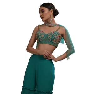 Top corto verde azulado Sharara Set con Net Dupatta para fiesta de recepción de boda Indo Western Festive Indian Ocasion Wear - Product Image 6
