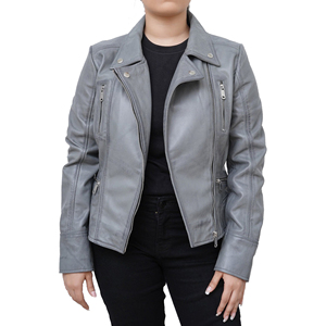 Chaqueta de piel auténtica original para mujer, chaqueta clásica de piel de cordero a la moda, chaqueta de moto de piel de oveja auténtica gris - Product Image 1