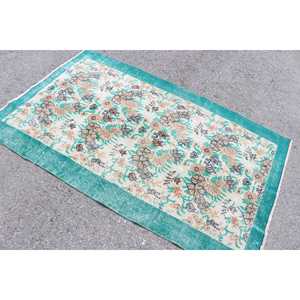 Tapis turc vintage, tapis de 3,8 x 6,1 pieds, tapis en laine bleu et marron à carreaux - Product Image 4