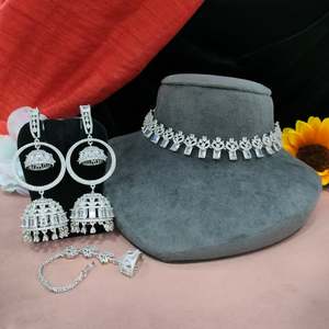 American Diamond Necklace Set With <b>Jhumkas</b> And Maang Tikka Contemporary Sparkle With Traditional Elegance Modern Sophistication - Product Image 1