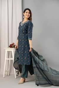 Conjunto de Kurti, Pantalón y Dupatta de Algodón Puro Listo para Usar, Traje de Algodón Estampado para Mujer, Cómodo para Uso Diario, Casual y Fiestas, Sin Arrugas - Product Image 2