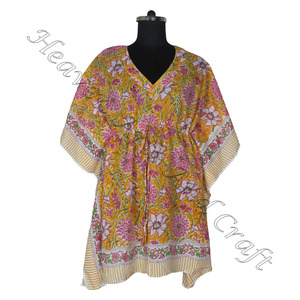 100% algodón Mujer ropa de dormir bloque de mano estampado Kaftan vestido KFCS122 peso ligero mujeres Casual ocasión desgaste corto caftán vestidos - Product Image 5