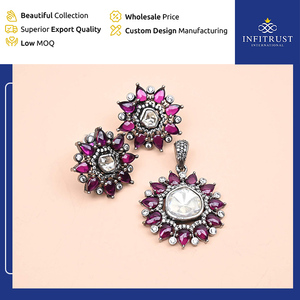 Made in India 925 Sterling <b>Silver</b> Oxidised Premium Quality Elegant Design Moissanite Stones <b>Studded</b> Pendant and <b>Earrings</b> <b>Set</b> - Product Image 2