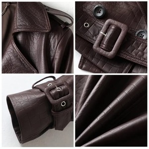 Chaqueta de cuero de moda para mujer, color marrón oscuro, de piel de cordero, de lujo, con cinturón, estilo motero, corte corto, solapa ancha, tipo moto. - Product Image 4