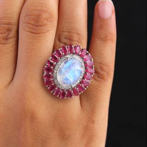 Anillo de rubí y piedra lunar hecho a mano anillo de Plata de Ley 925 declaración rubí y piedra lunar joyería nupcial piedras preciosas - Product Image 2