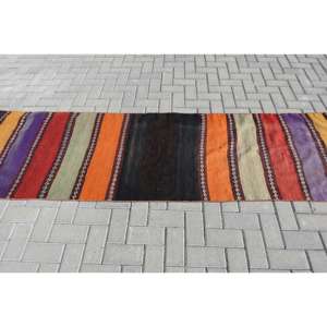 2.5x9.1 ft Vintage Rug, Turkish <b>Runner</b> Rug, <b>Red</b> Yellow Striped Wool Rug - Product Image 3