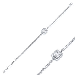 Bracelet de charme en argent sterling 925 turc fait à la main en gros avec un design de pierre en zircon clair de forme baguette plaqué or - Product Image 2