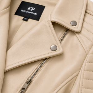 Veste de motard en cuir PU beige pour femme, manches longues, fermeture éclair, col rabattu, style automne, prix de gros - Product Image 4