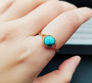 Impressionnant fait à la main en argent Sterling plaqué or Larimar bague en pierres précieuses 10mm lunette réglage forme ronde bijoux pour l'été avec cadeau - Product Image 4